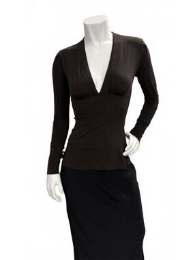 Union Brown Deep V Neck Long Sleeve Top Wool Blend Fitted Made USA